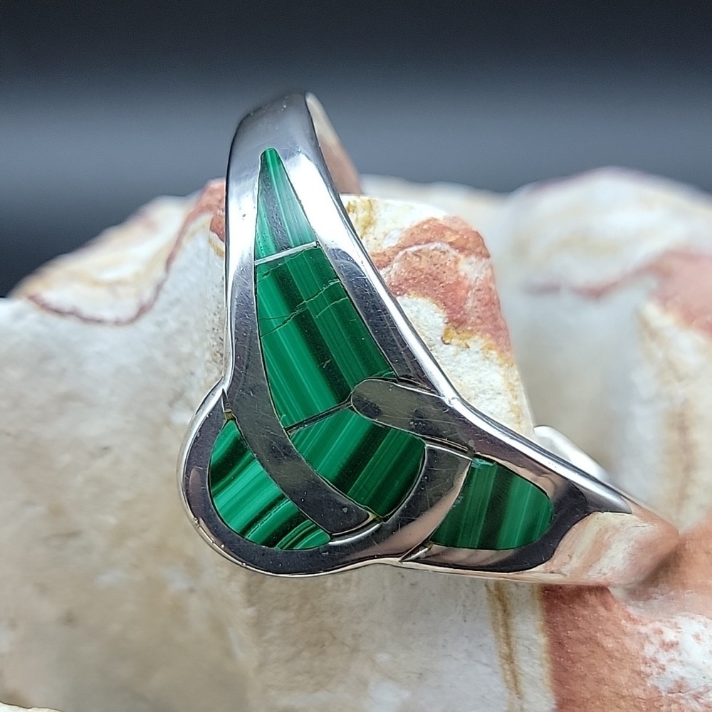 Vtg 925 Sterling Silver Malachite Cuff Bracelet Gemstone Mineral 6.5" CALL OUT